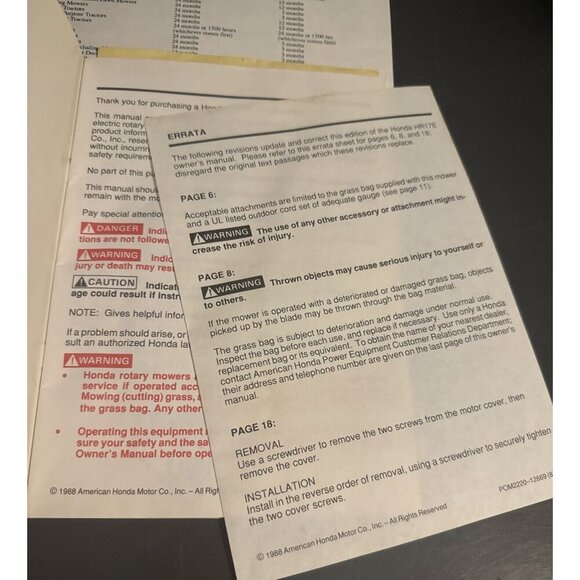 Honda HRM 17E PVA SVA Rotary Mower OEM Owners Manual HR17E 1992 - Picture 9 of 9
